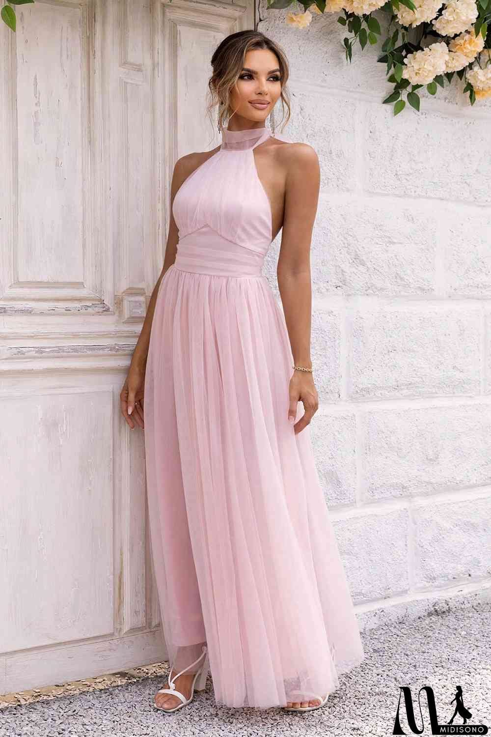 MidiSono - Halter Neck Backless Mesh Dress