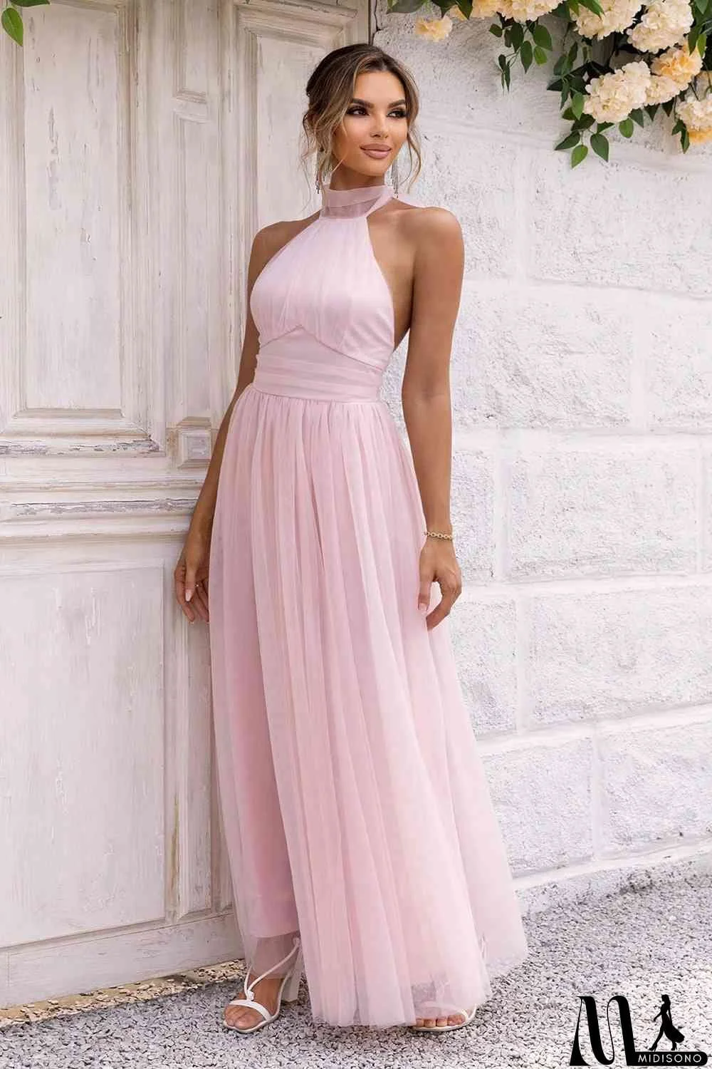 MidiSono - Halter Neck Backless Mesh Dress