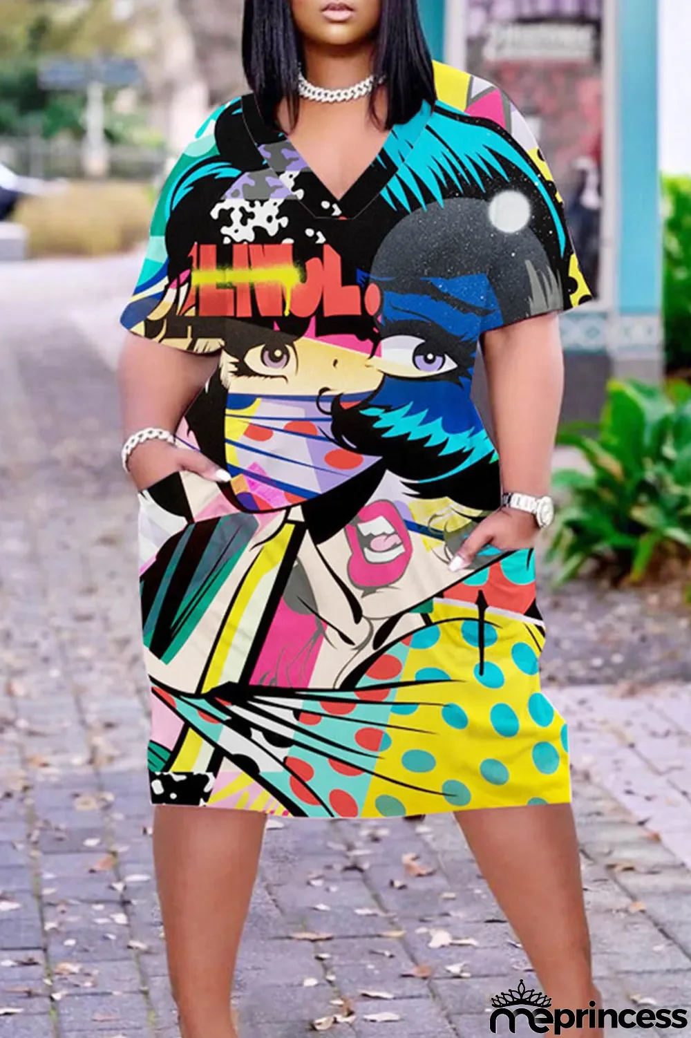 Light Khaki Casual Print Patchwork Basic V Neck Short Sleeve Dress Plus Size Dresses