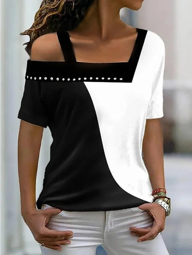 Women's T shirt Tee Black Blue Green Color Block Print Short Sleeve Casual Daily One-Shoulder One Shoulder Regular Geometric S | IFYHOME