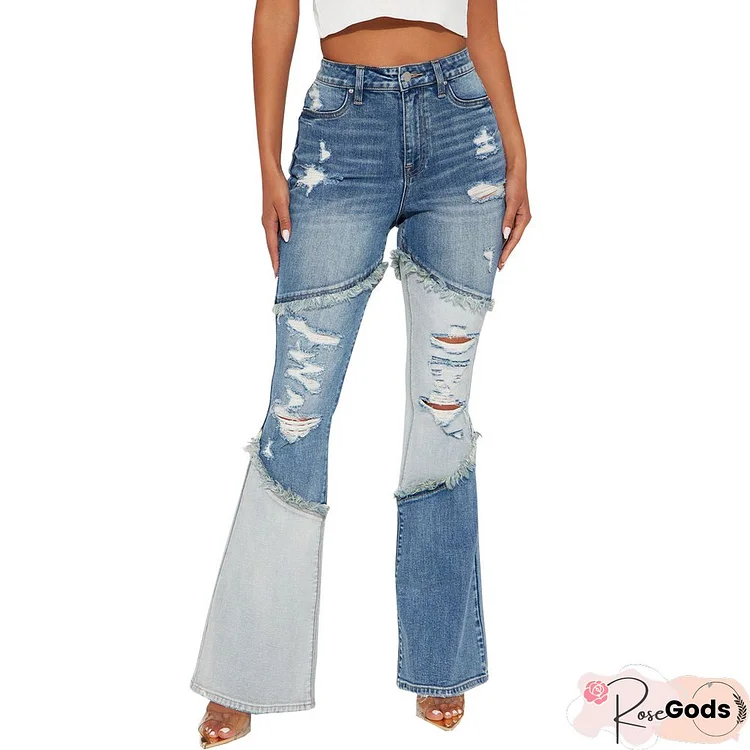 Fashion Patchwork Holes Flare Jeans