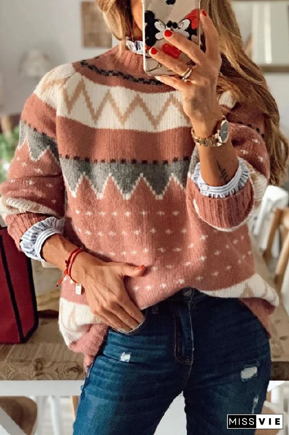 Geometric Hit Color Half Turtleneck Sweater