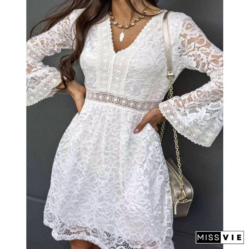 Womens Lace Stitching Elegant Dress Flare Long Sleeve Neck Party Casual Loose Mini Plus