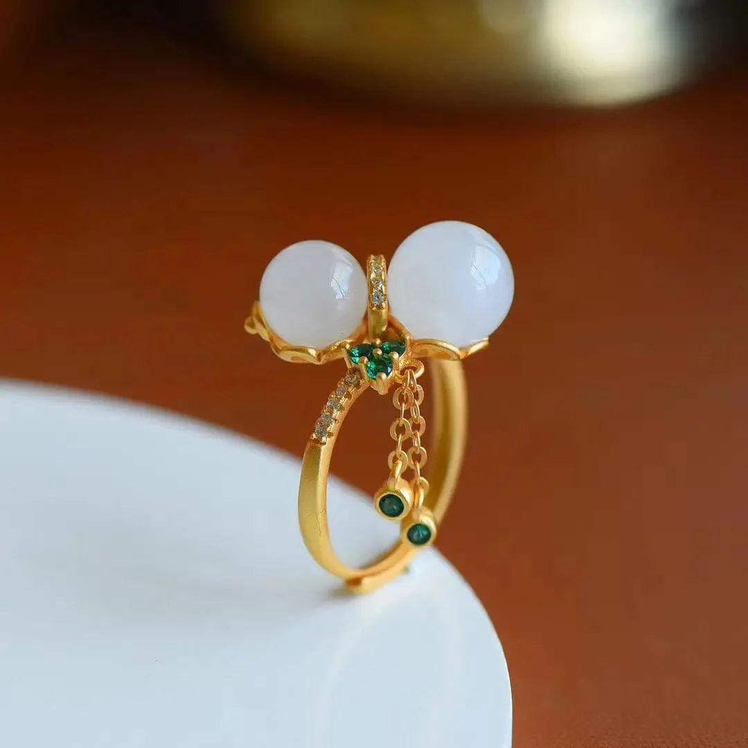 Natural White Hetian Jade & Lamb Fat Jade Bead Ring - S925 Sterling Silver Vintage Gold-Plated Green Zircon Palace Style for Women
