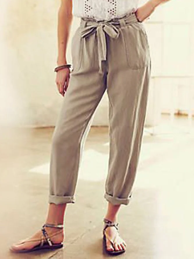 Light Brown Casual Plain Linen Pants