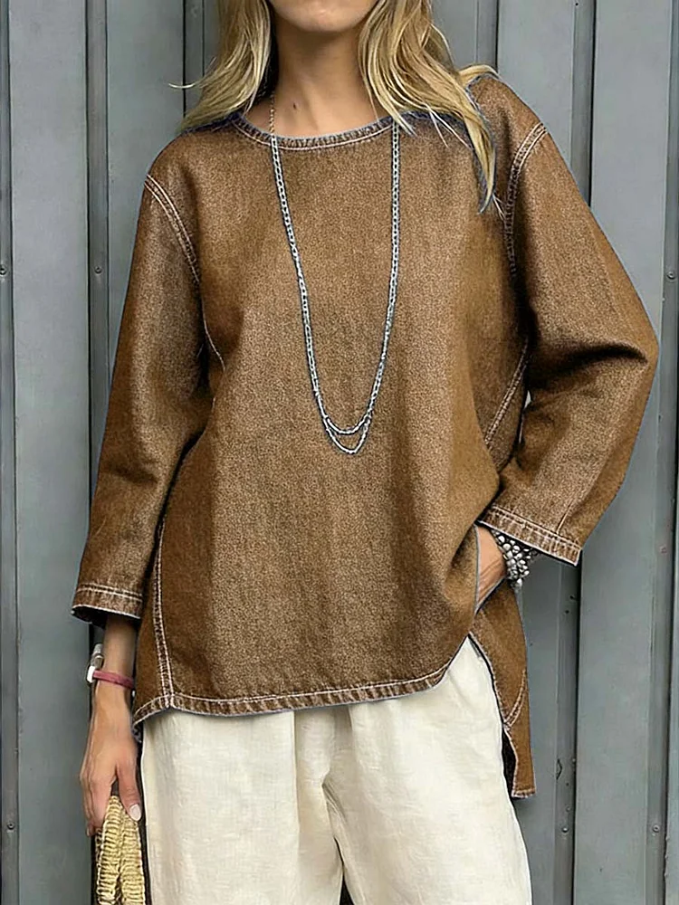 Women's Round Neck Long-sleeved Loose-fitting Simple Denim Top. socialshop