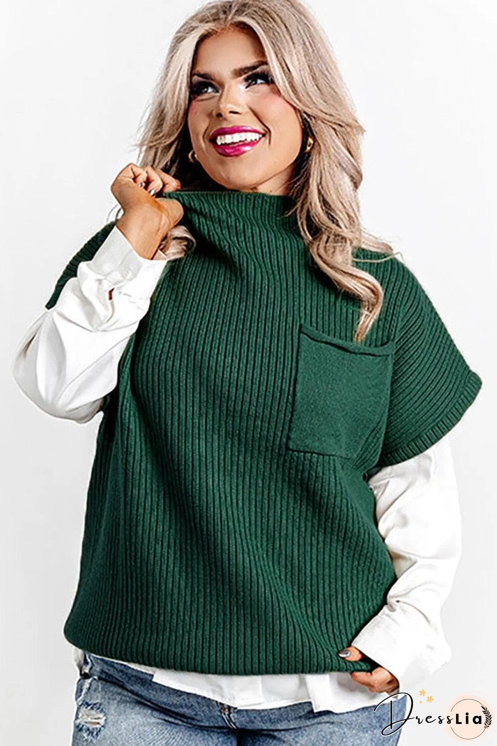 Jungle Green Plus Size Mock Neck Chest Pocket Short Sleeve Sweater