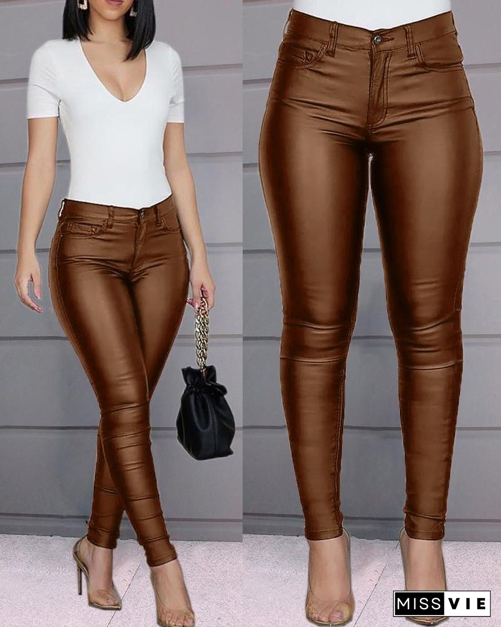 Solid Buttoned Casual Coated PU Pants P14927