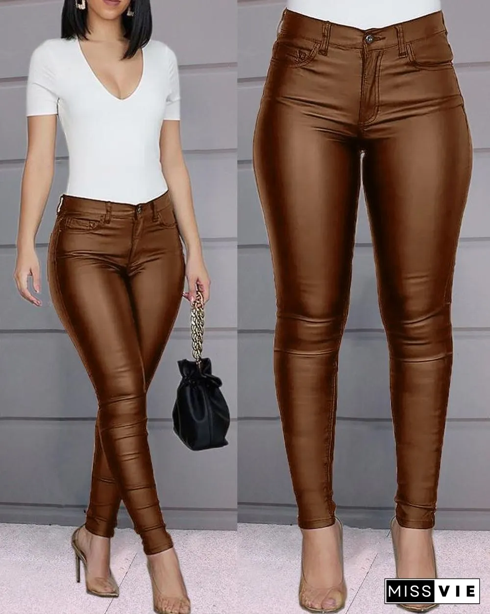 Solid Buttoned Casual Coated PU Pants P14927