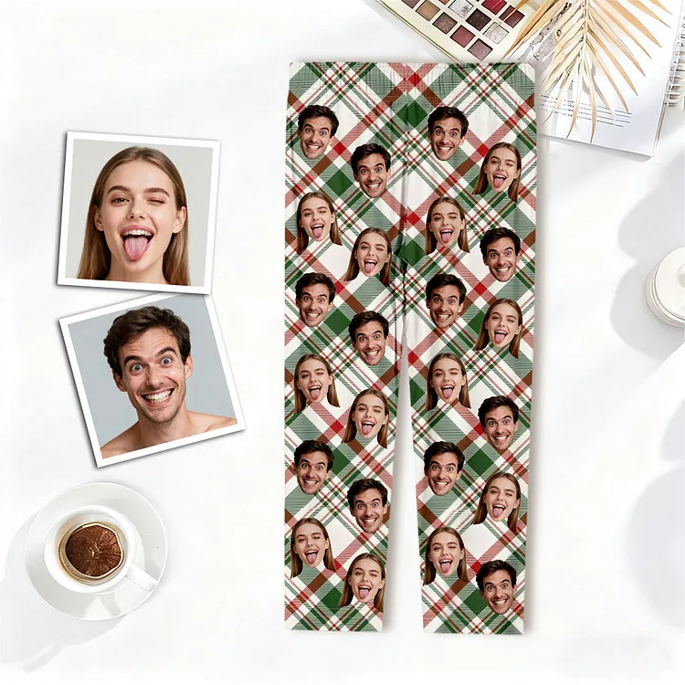 Custom Face Long Plaid Pajama Pants Custom Blue Christmas Photo Pajamas Gift For Men