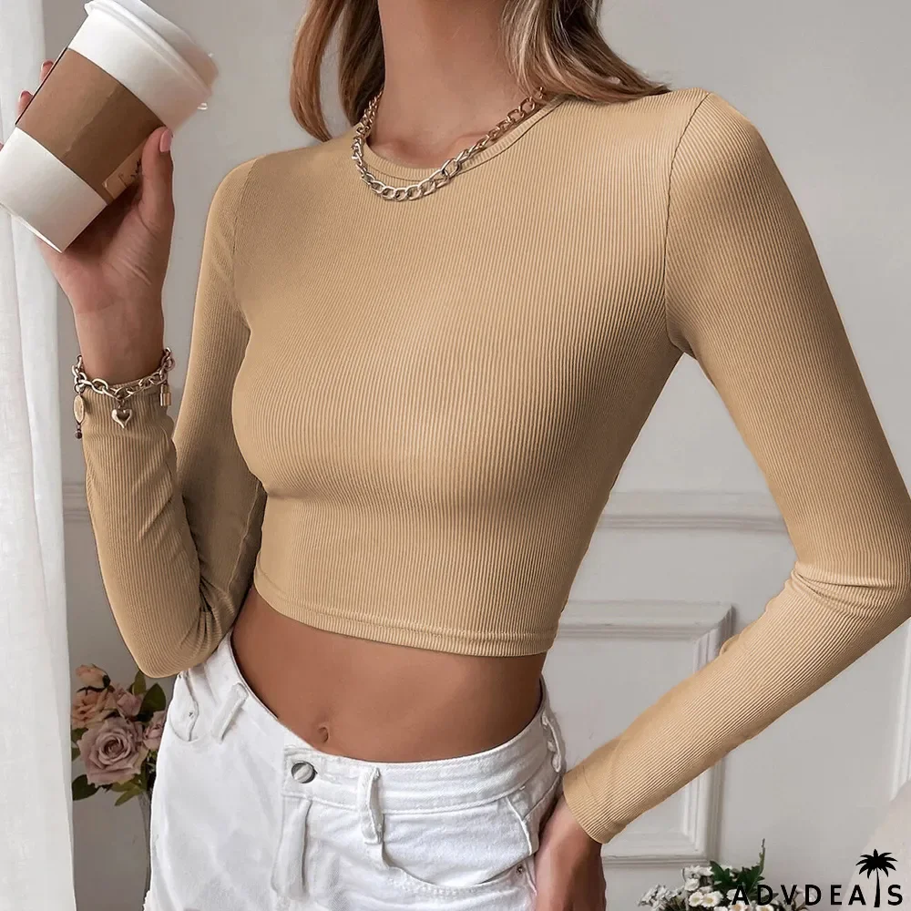 Women's Sexy Low Back Casual Cropped Slim Fit Knitting Long Sleeve T-Shirt Top Basic Outdoor Wear
