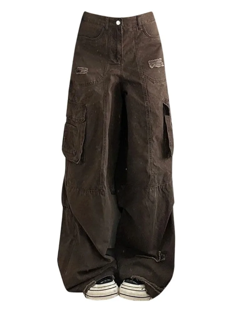 Smartknowed costume ideas women Women Brown Baggy Jeans Vintage Korean Emo 2000s High Waist Cowboy Pants Harajuku Denim Trousers 90s Y2k Trashy Oversize Clothes Pants