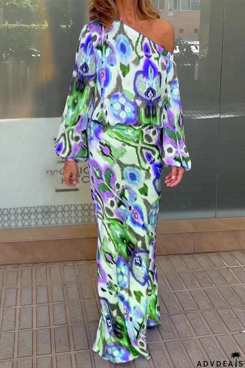 Sexy Floral Asymmetrical Oblique Collar Long Sleeve Two Pieces