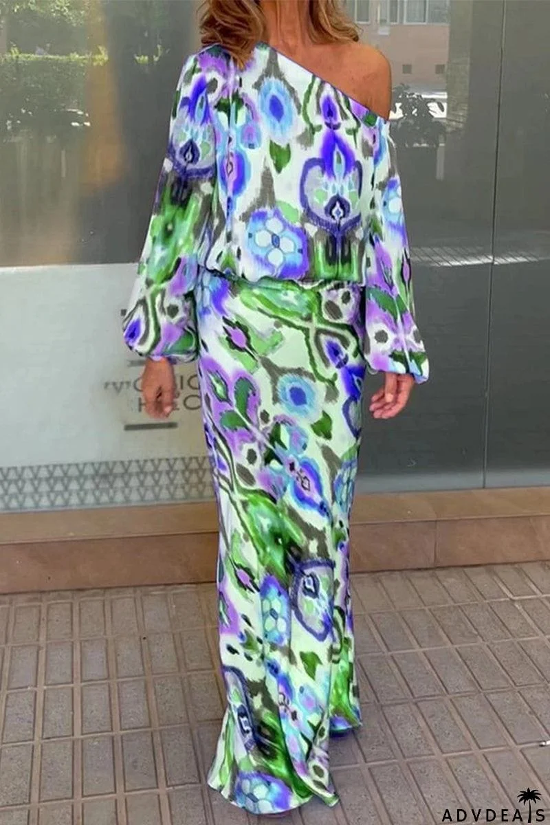 Sexy Floral Asymmetrical Oblique Collar Long Sleeve Two Pieces