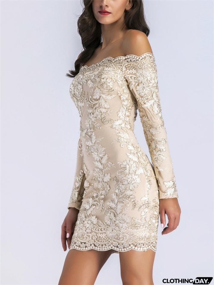 Gorgeous Off Shoulder Long Sleeve Floral Applique Thigh-Length Bodycon Party Dress