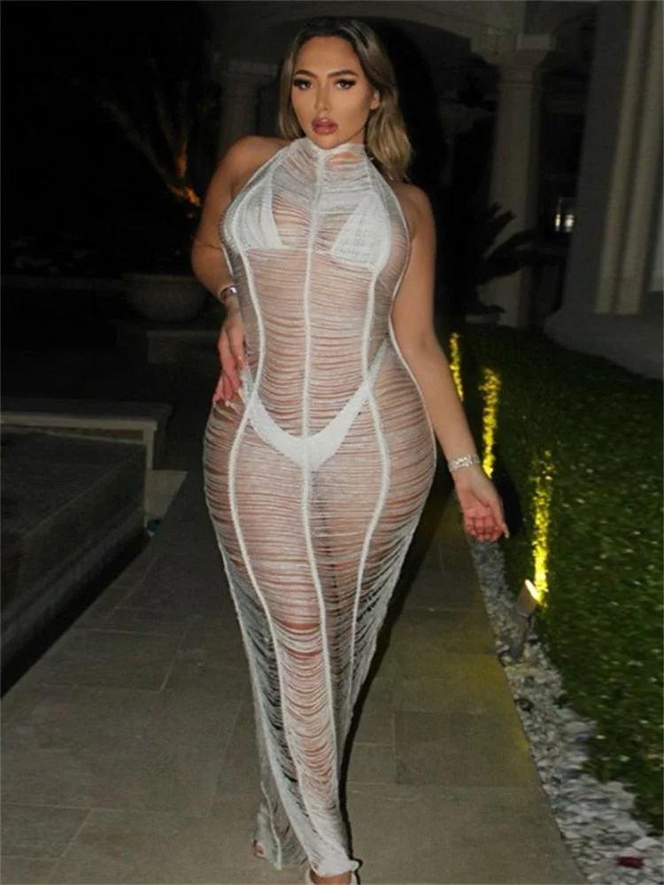 Yiallen Women Summer Sexy Hollow Out See Through Sleeveless Long Dress Fashion New Casual Street Clubwear Female Dresses Hot