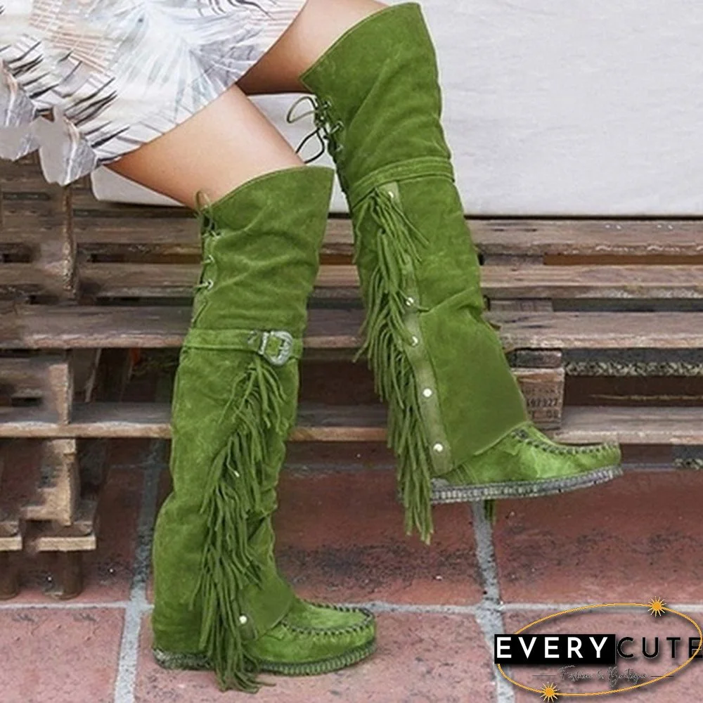 Winter Women Faux Suede Tassel Boots Fashion Ethnic Fringe Boho Long Boots Flat Heel Knee High Boots