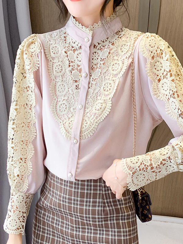 Lace High Neck Long Sleeve Single Breasted Shirt