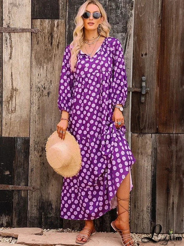 Polka Dot Print Purple Long Skirt With Versatile Styling