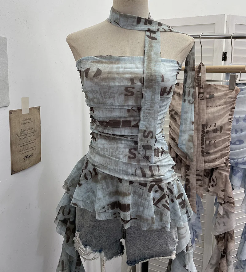 Nigikala Nigikala Shooting Spice Girls Irregular Lotus Leaf Side Ribbon With Non-Slip Strip Mesh Printing Chest Vest 8037