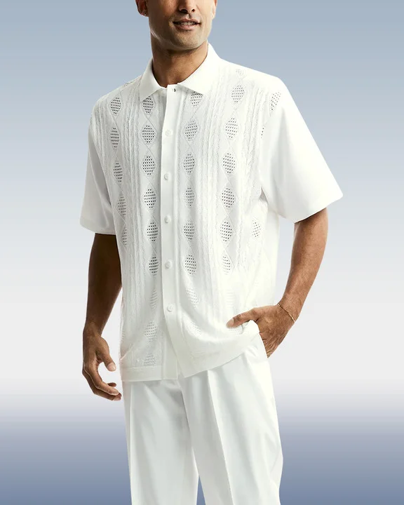 Suitmens Men's White Textured Knit Short Sleeve Walking Suit 001