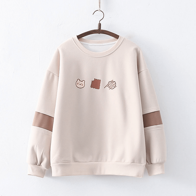 Cartoon Bear Print Round Collar Loose Sweatshirt - Modakawa modakawa