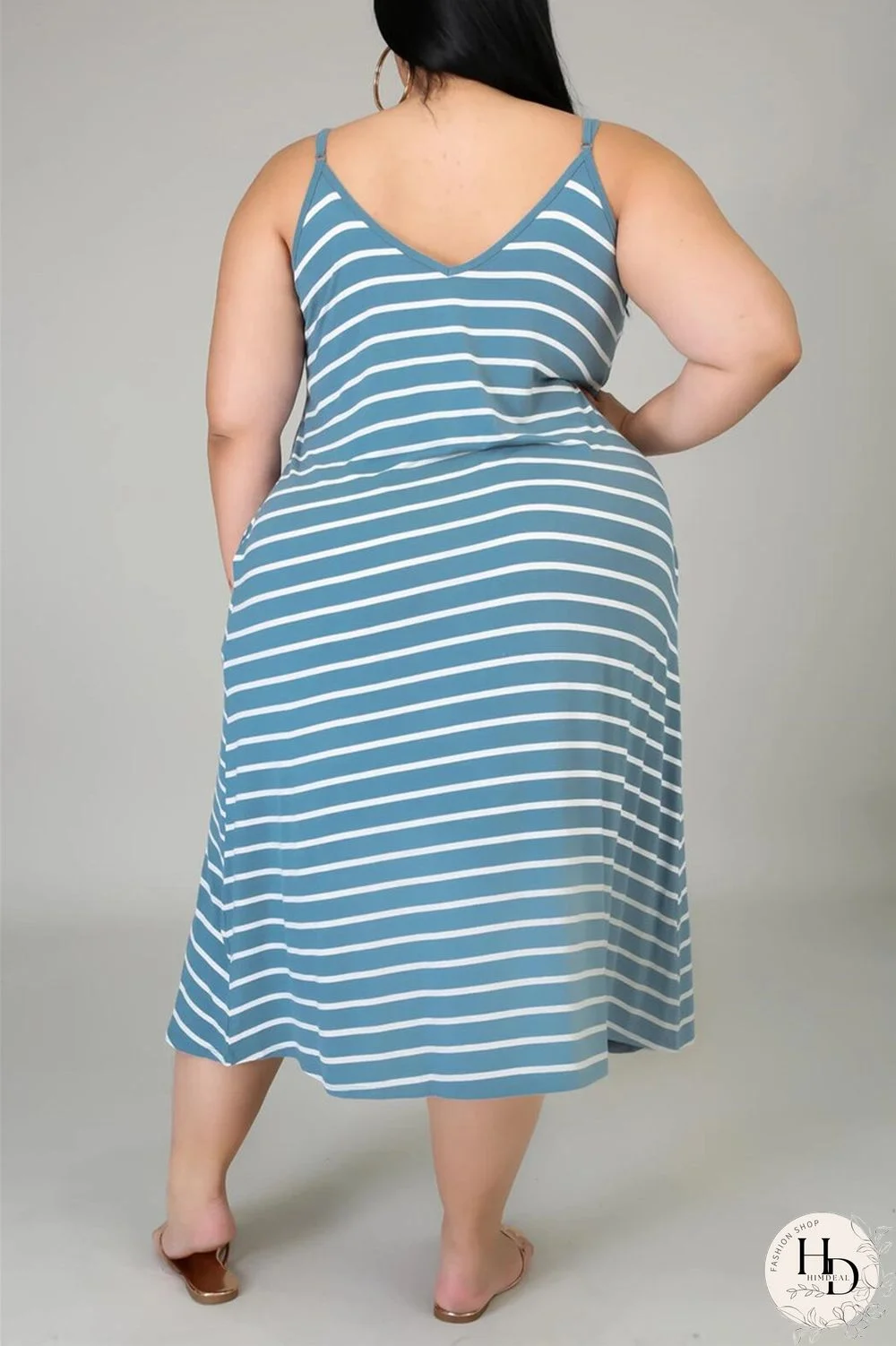 Deep Blue Sexy Casual Plus Size Striped Print Backless Spaghetti Strap Sleeveless Dress