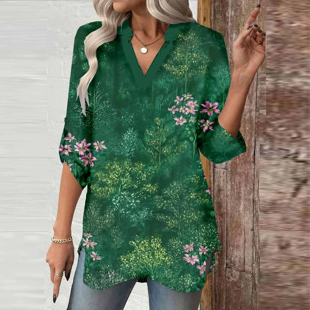 Women Floral,Green DZGA0026 3/4 Sleeve V-neck Printed Graphic Button Tops