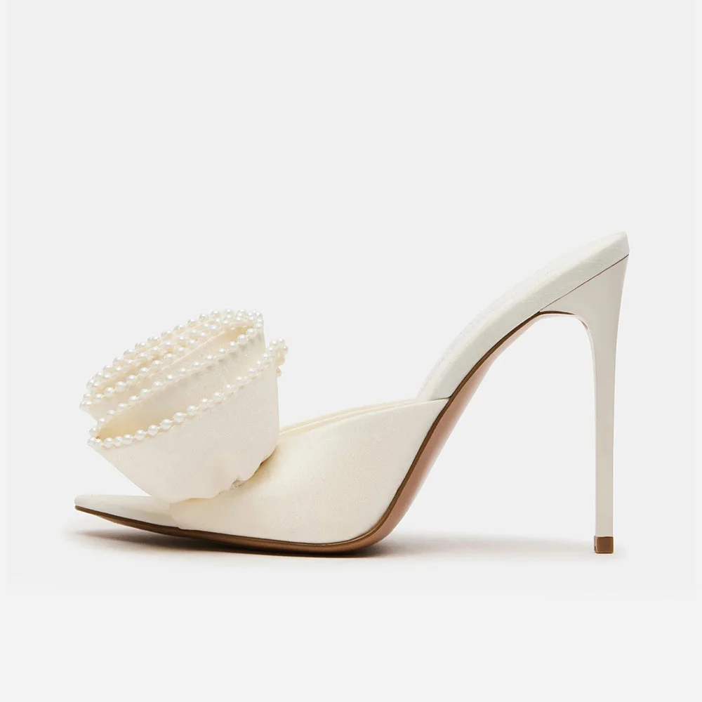 Ivory Satin Pointed Toe Stiletto Heel Ruffle Pearl Mules Shoes