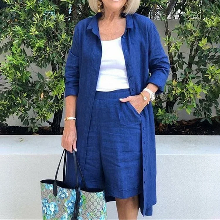 VChics Blue Casual Buttoned Tunic And Shorts Two-piece Set