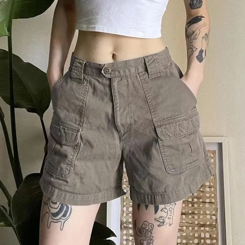 Thingsroom 2025 Y2k Vintage Streetwear Cargo Denim Shorts Women American Retro Harajuku Solid Loose Jeans Casual Pocket 2025 Summer Chic