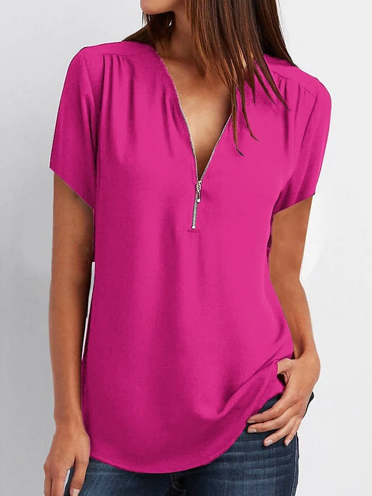 Woman's V-neck Zip Short Sleeve Chiffon Shirt