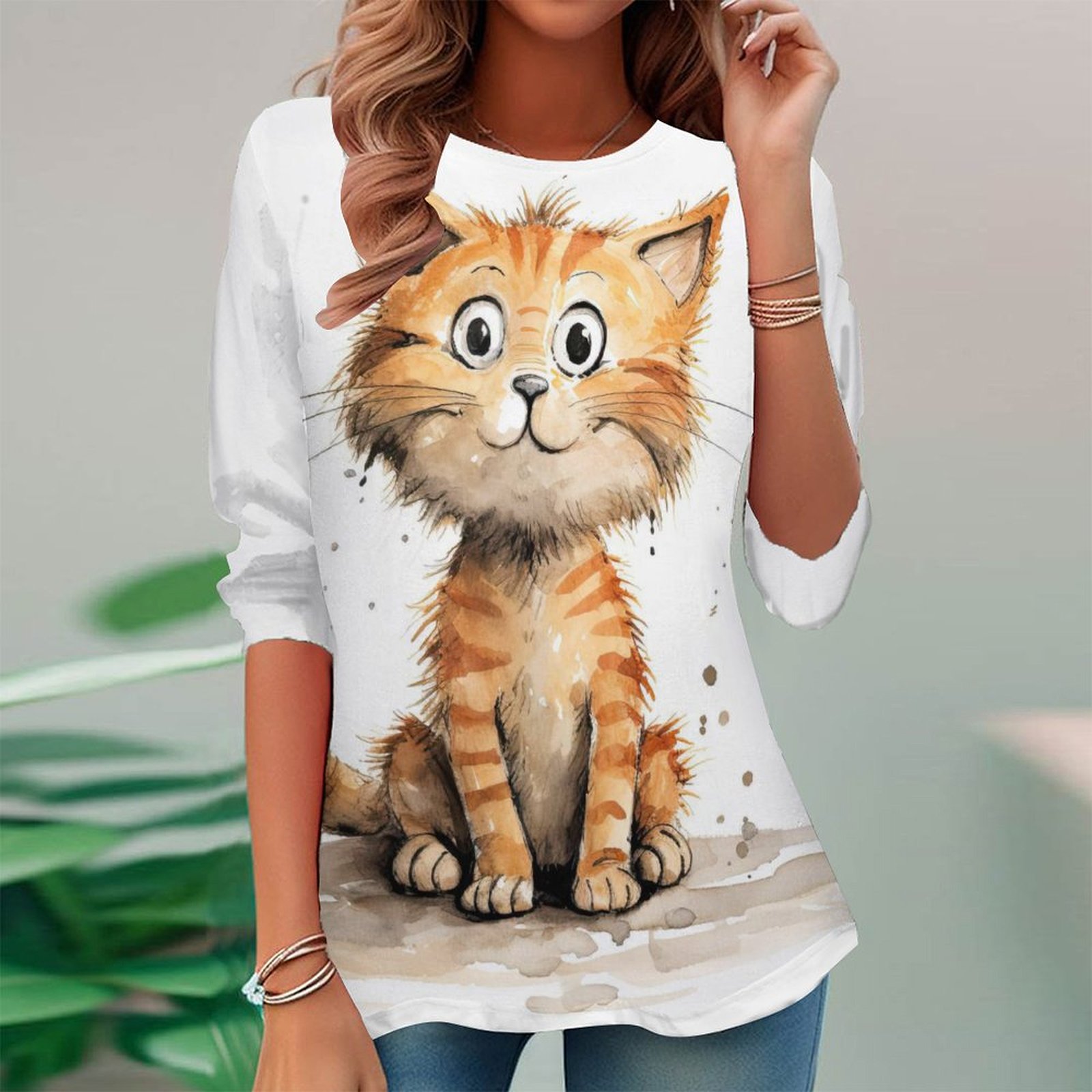Women Long Sleeve V-neck Graphic Floral Printed Top