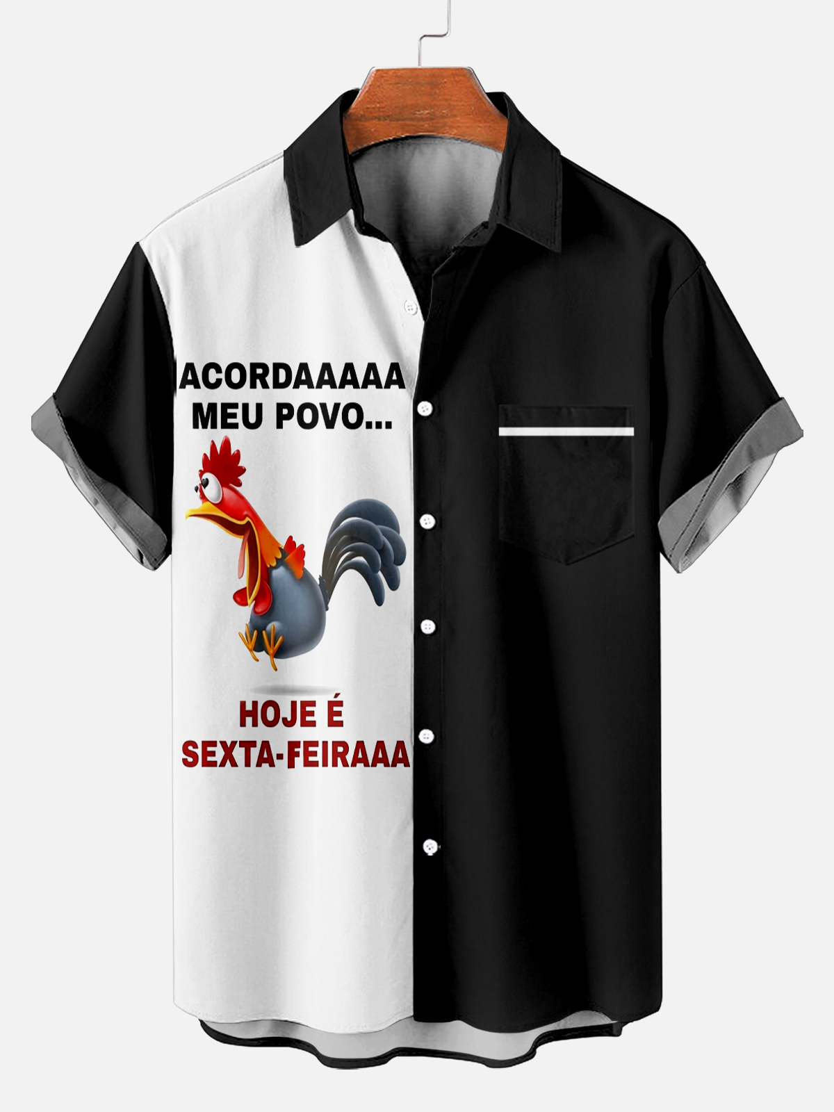 Men's Funny Rooster Slogan Contrast Short Sleeve Shirt PLUSCLOTHESMAN