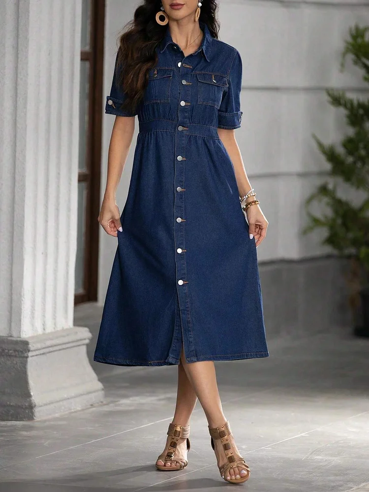 Unique Retro Style Women's Denim Exquisite Dress- Casual Denim Dress, Straight With Button Sleeves And Chest Pocket, Front Button, Double Pockets, Summer Casual Clothing Essential, Weekend Outfit | Straight Sleeve Dress | Fashion Denim Jumpsuit