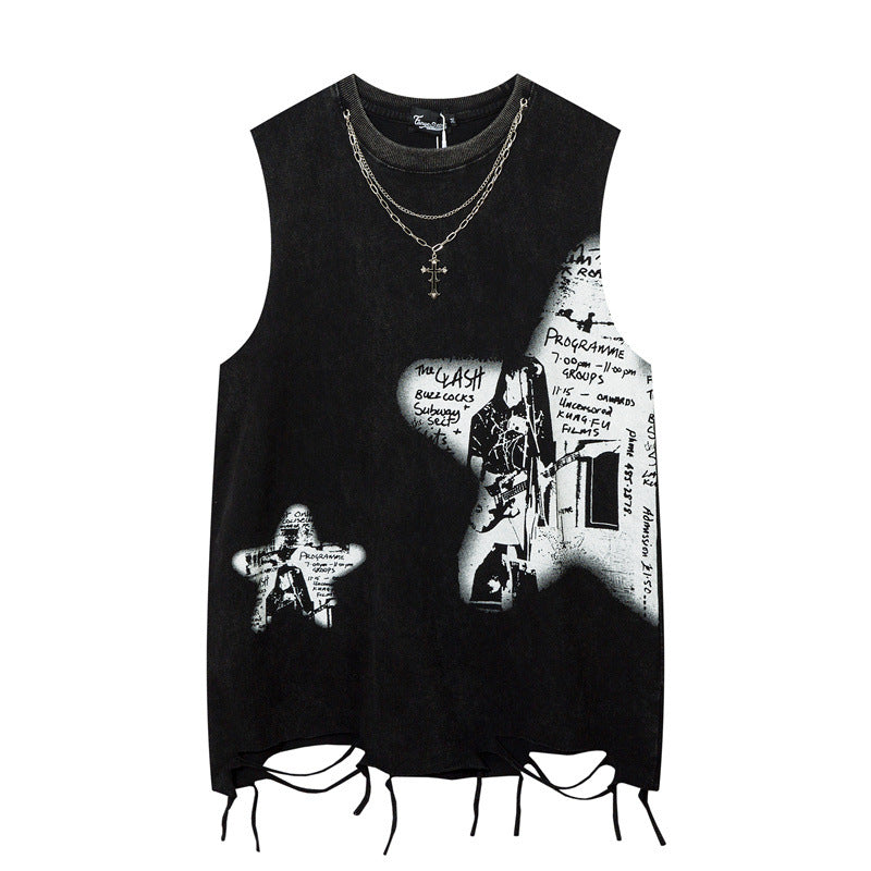 Vintage Star Print Sleeveless Hip-Hop T-Shirt