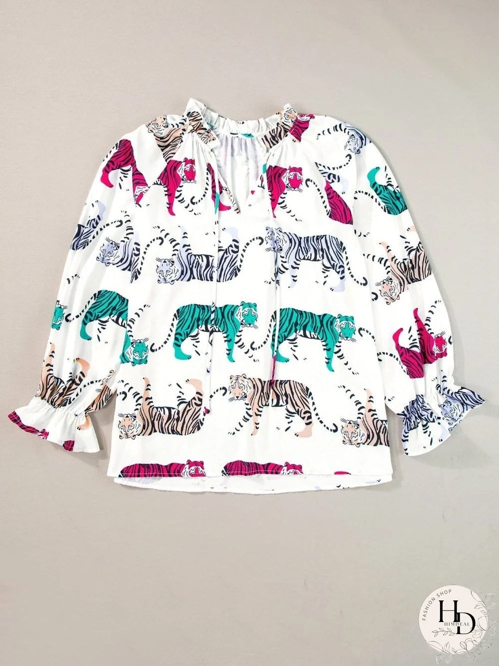 White Background Tiger Print Blouse
