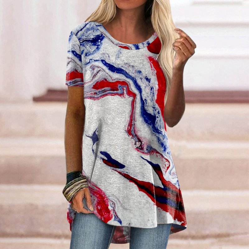 Marbling Patterns Colorblock Short Sleeves T-shirt