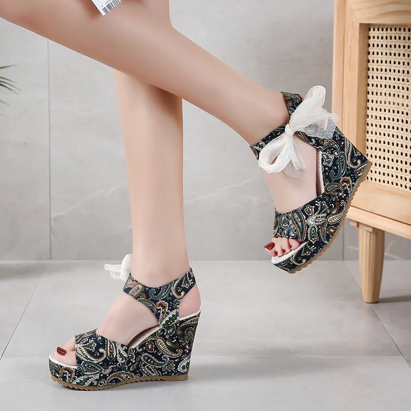 Qengg INS Hot Lace Leisure Women Wedges Heeled Women Shoes 2021 Summer Sandals Party Platform High Heels Shoes Woman