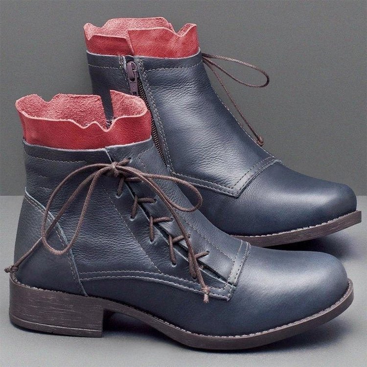 Side Tie Vintage Contrast Panel PU Leather Booties