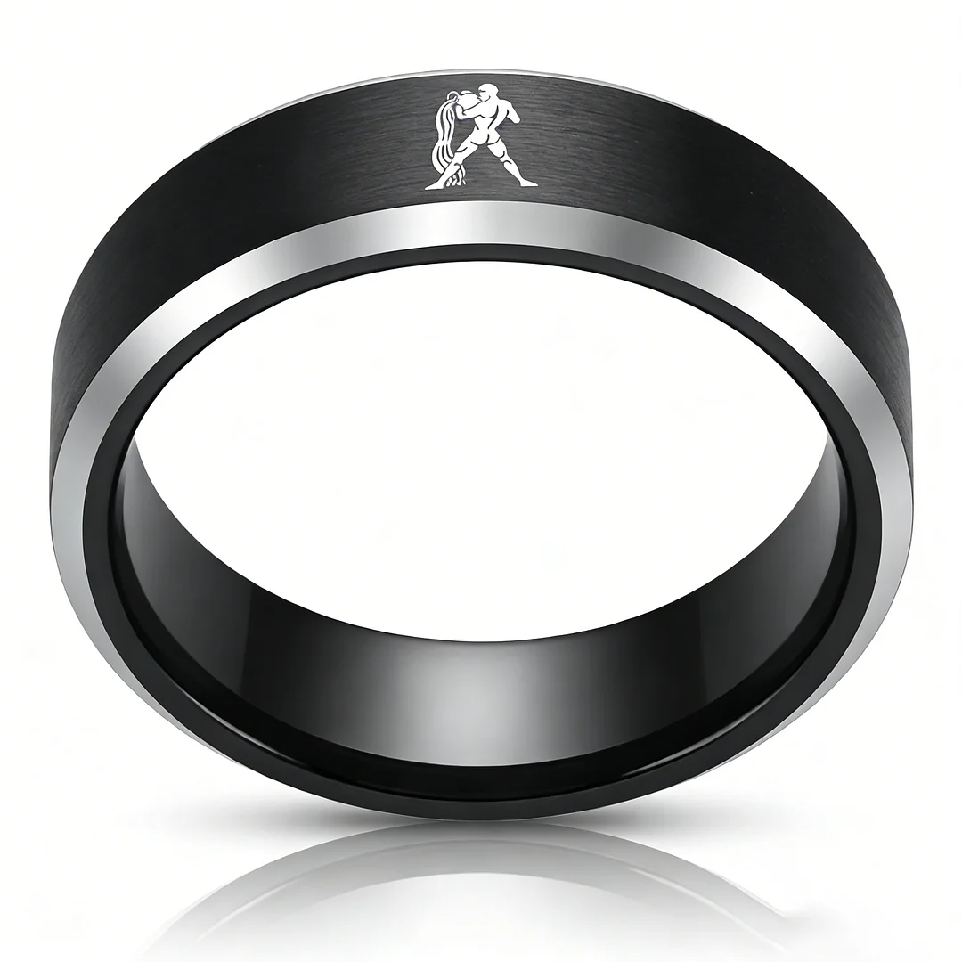 Beveled Edges Black Laser Etched Tungsten Carbide Rings Black Aquarius Couple Wedding Bands 4MM 6MM 8MM Width