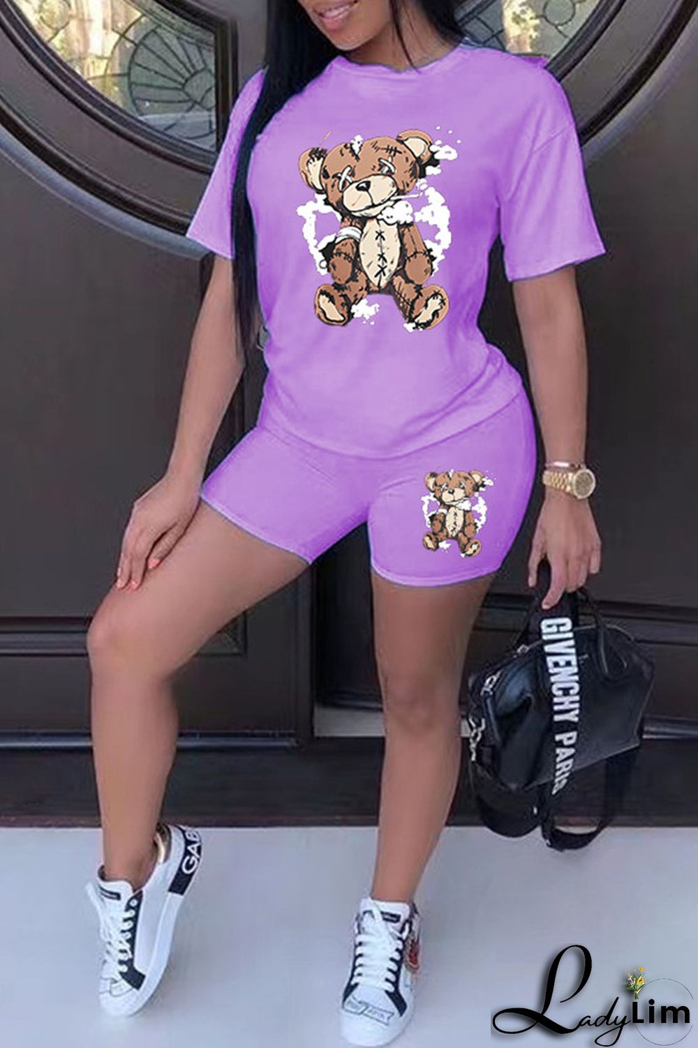 Purple Casual Print Patchwork O Neck Short Sleeve Two Pieces