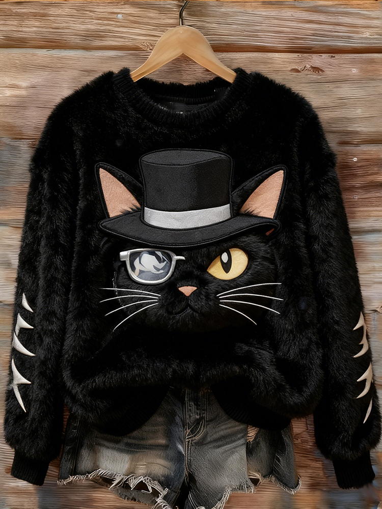 Detective Kitty Soft Flannel Crew Neck Sweatshirt elevenforest