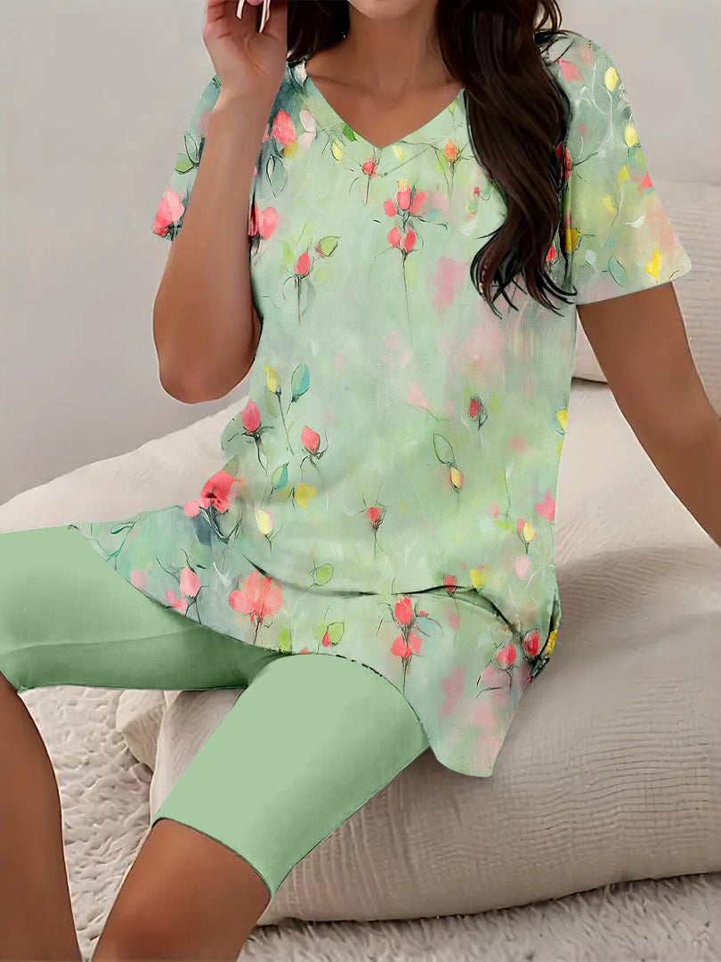 Women Long Sleeve V-neck Graphic Floral Printed Top