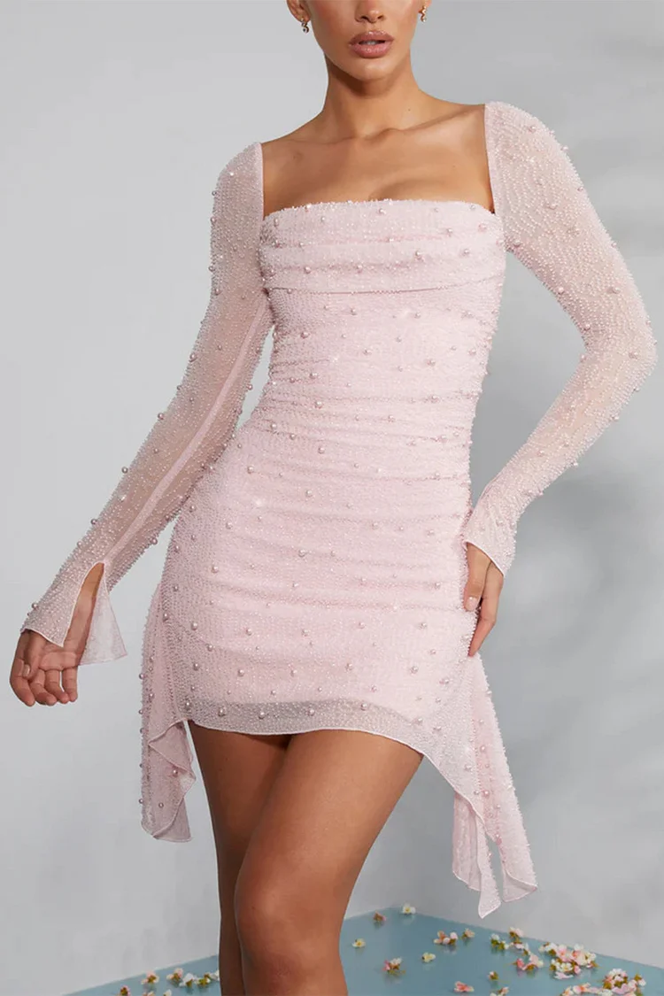 Mesh Sequin Beaded Square Neck Mni Dress-Black