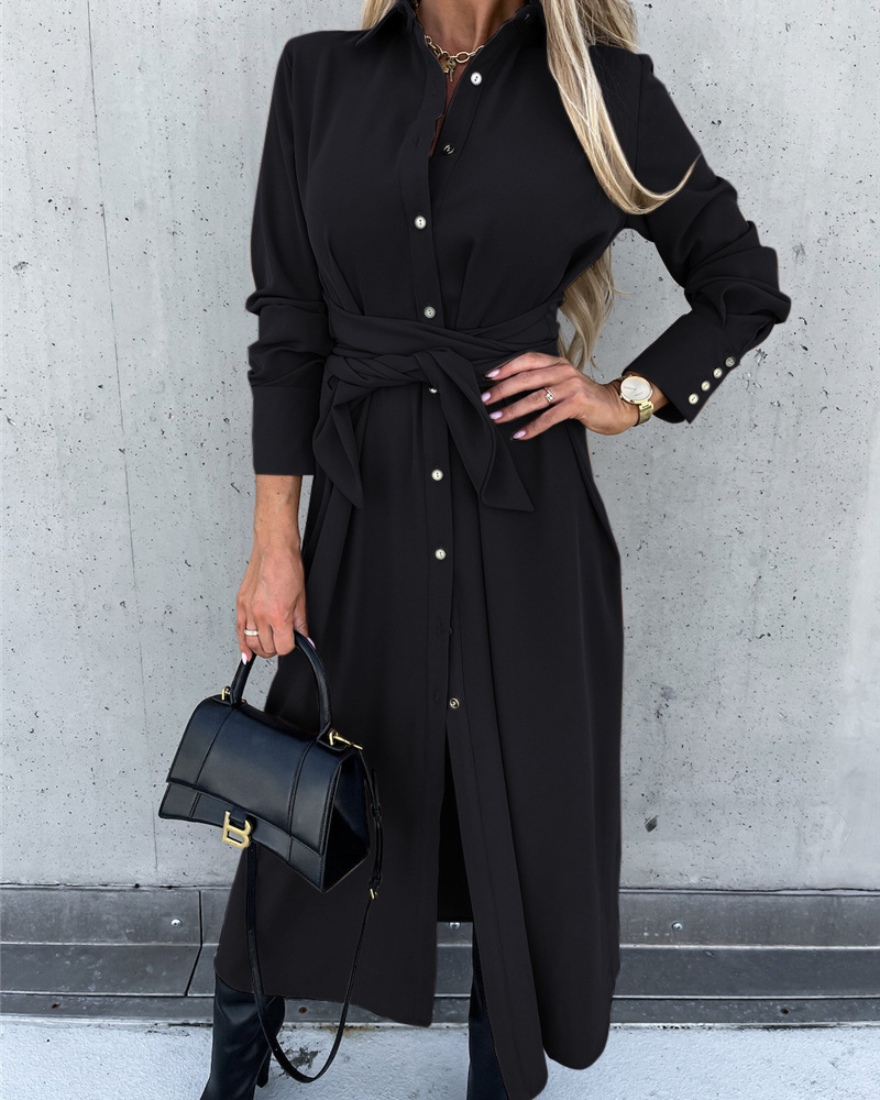 Tie Waist Split Long Sleeve Button Down Front Shirt Dress