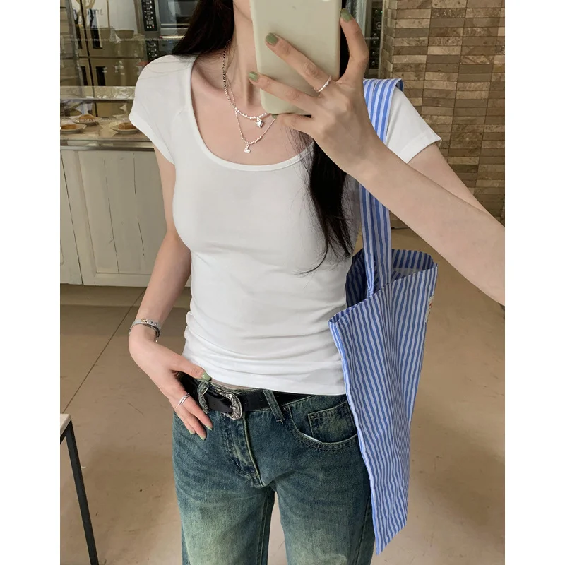 Ueong U-Collar Slim Shoulder Short T-Shirt Women 2024 Summer New Style Short Short-Sleeved Blouse Trend