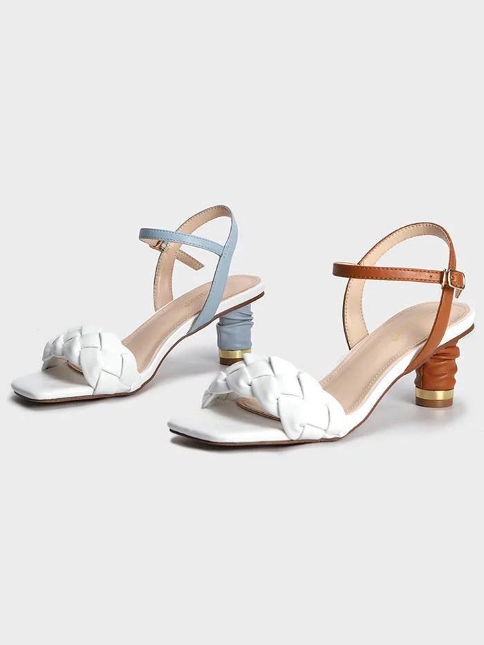 Woven square toe small chunky heel comfortable high heel sandals