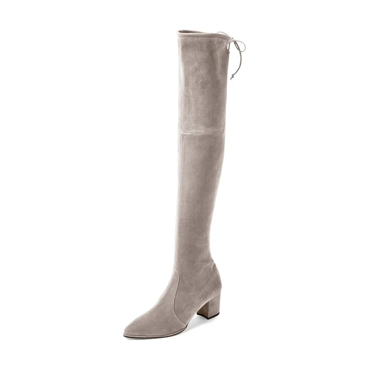 Taupe Boots Pointy Toe Block Heel Vegan Suede Fashion Over-the-Knee Boots |FSJ Shoes