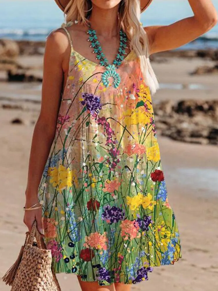 Breakj Spring O Neck Loose Sling Beach Dress Sexy Off Shoulder Hollow Boho Dress Women Retro Pattern Print Patchwork Summer Mini Dress